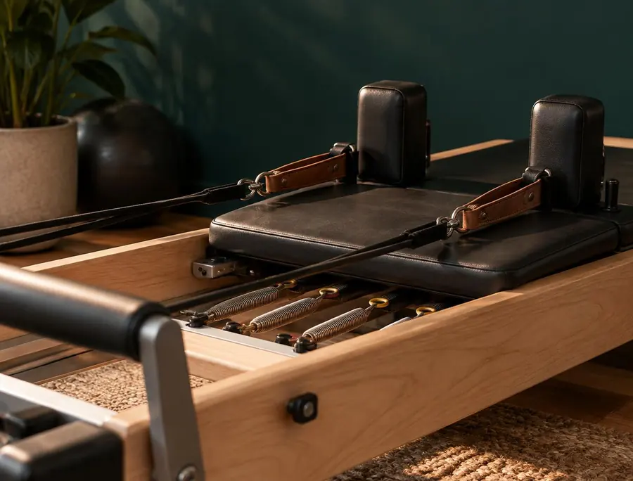 Close view of a reformer carriage with leather straps and coloured springs