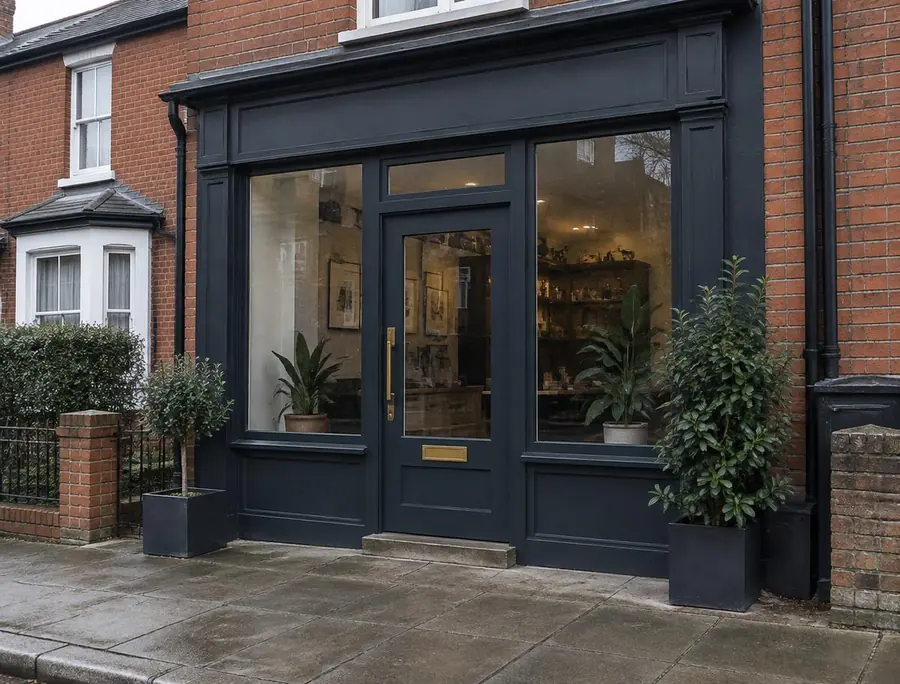Dark painted shopfront entrance of a small studio on a quiet Dublin street